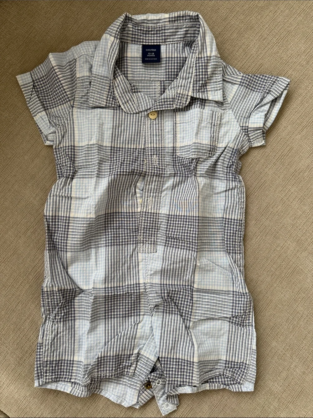 Baby GAP Blue and White Plaid Button Romper